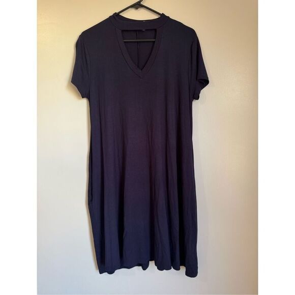 NEW Reb & J Womens Navy Blue Soft Stretchy Collared Keyhole T-Shirt Dress sz L‎ - Picture 2 of 4